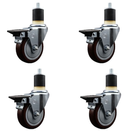 Service Caster 4'' Maroon Poly Swivel 1-7/8'' Expanding Stem Caster Set with Brake, 4PK SCC-EX20S414-PPUB-MRN-PLB-178-4